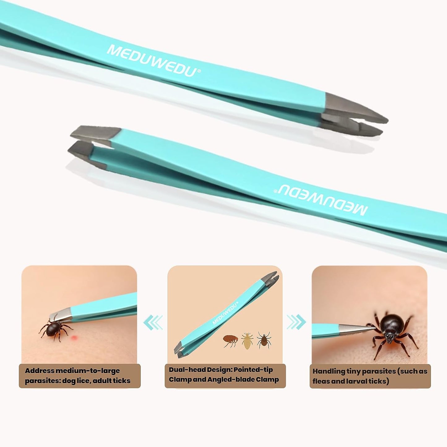 Tick Removal Tool Kit for Dogs, Cats & Humans – Stainless Steel Tick Tweezer, Fork & Dual-Head Clamp with Leather Pouch, Safe & Easy Tick Remover for Pets, Ideal for Grooming & Outdoor Travel