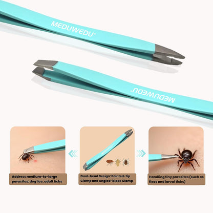 Tick Removal Tool Kit for Dogs, Cats & Humans – Stainless Steel Tick Tweezer, Fork & Dual-Head Clamp with Leather Pouch, Safe & Easy Tick Remover for Pets, Ideal for Grooming & Outdoor Travel