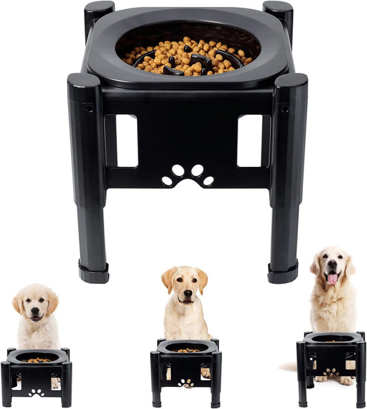 Pawque Elevated Slow Feeder Bowls - Adjustable Raised Dog & Cat Bowl with 3 Heights (6.1", 7.7", 9.3") for Medium & Small Pets, Mess Proof & Non-Slip Dish Feeder