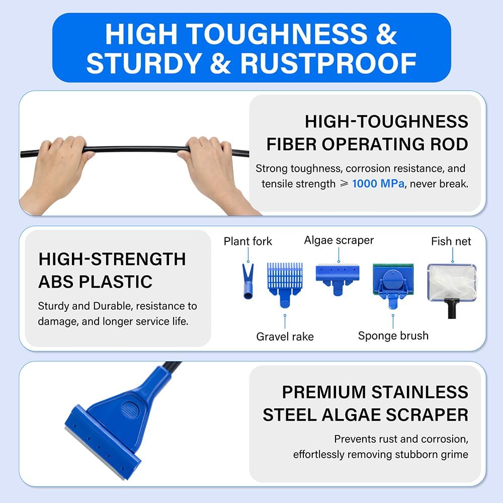 5 in 1 Fish Tank Cleaner Kit Aquarium Cleaning Tools with 19 Inch Anti-Slip Handle Fish Tank Cleaner with Algae Scraper and Fish Net