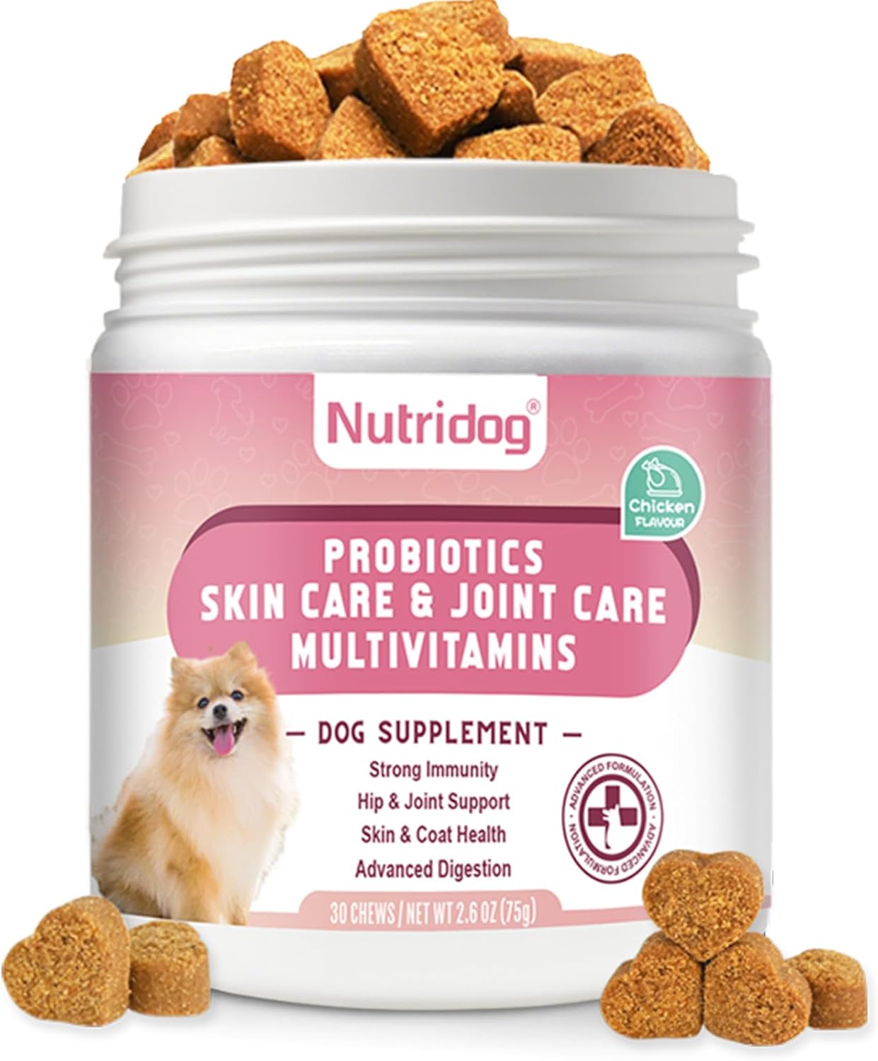 Multivitamin Chews for Dogs - Dog Vitamins with Probiotics, Glucosamine & Digestive Enzymes, Supports Joint Health, Immune System & Gut for Senior & Puppy,Chicken Flavor, 30Ct (ND-015)