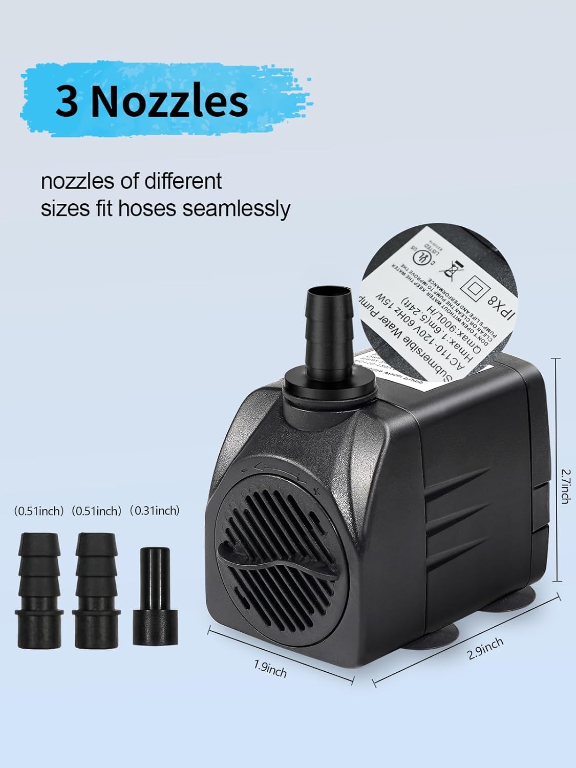 Fountain Pump, 220GPH Submersible Water Pump Outdoor, Ultra Quiet Water Fountain Pump for Pond Waterfall, Fish Tank, Aquarium, Hydroponics