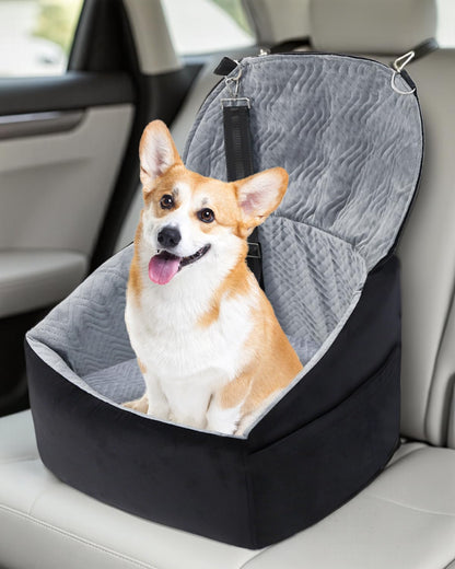 Dog Car Seat for Small Dogs, Pet Booster Seat with Extendable Backrest, Pet Car Seats up to 30 lbs, Washable Removable Cover Travel Bed with Storage Pockets and 2 Safety Leashes, Black&Grey