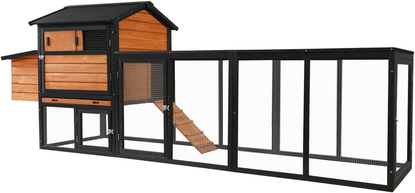 113" Brown+Black Wooden Chicken Coop Wood Brown+Black Fade-Resistant Roof for Backyard Durable Outdoor Poultry Cage