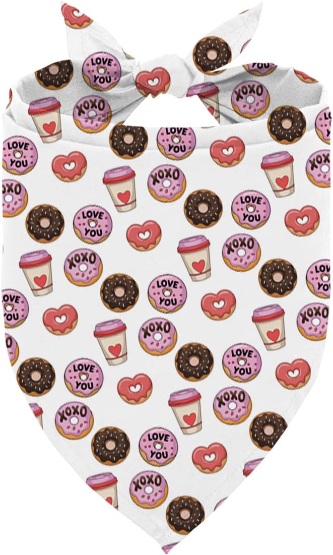 Valentine's Day Dog Bandana, Coffee and Donuts Print Pet Bandana, Valentine's Day Pet Photo Accessories, Adjustable Triangle Dog Scarf for Small Medium Dogs