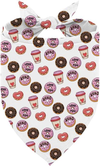 Valentine's Day Dog Bandana, Coffee and Donuts Print Pet Bandana, Valentine's Day Pet Photo Accessories, Adjustable Triangle Dog Scarf for Small Medium Dogs