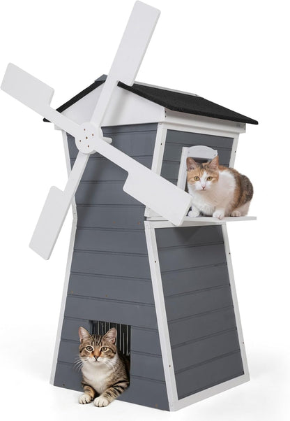 Coziwow Outdoor Cat House,Windmill-Shaped Kitty Enclosure with Waterproof Roof, Jumping Platform & Balcony for Porch or Garden