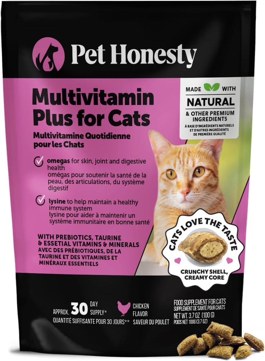 Cat Multivitamin Crunchy & Creamy Chews - Cat Treats for Health + Immune, Joint Support, Skin & Coat, & Digestion - Vitamins with Omega 3s, Lysine & Probiotics (30 Day Supply)