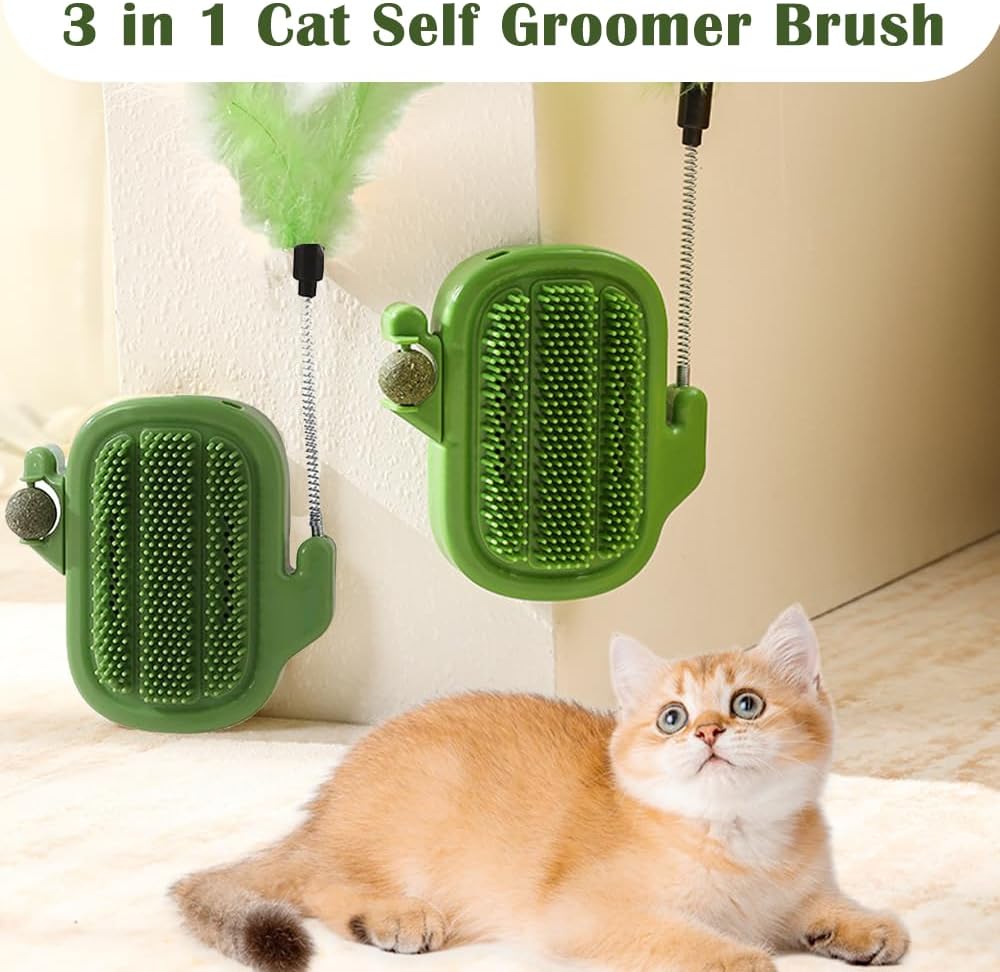 3 in 1 Cat Self Groomer Brush, Cactus Style Wall Corner Massage Comb Scratcher with Feather Toys & Catnip Ball for Indoor Cats, Pet Tickling Artifact, Cat Face Scratchers for Fur Pets