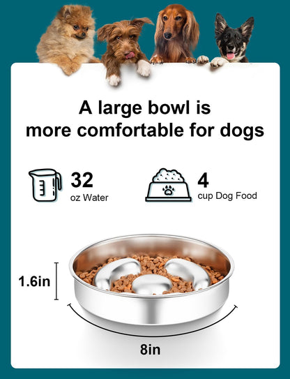 Slow Feeder Dog Bowl Stainless Steel，8-inch Diameter Dog Slow Feeder Bowl，Heavy Duty with Non-Slip Rubber Base，4Cups Capacity for Medium & Large Dogs to Slow Down Eating