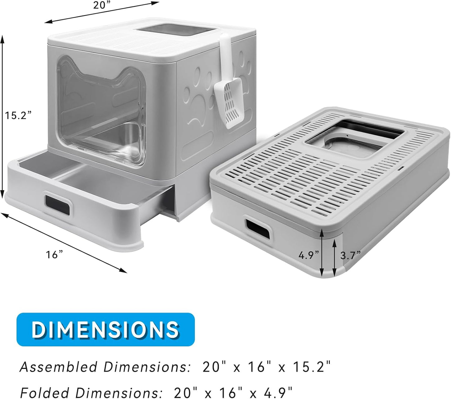 Stainless Steel Litter Box, Foldable Enclosed Cat Litter Box with Lid, Large Top Exit Design with Pull-Out Drawer & Scoop, Easy Clean Odor Control -Light Grey