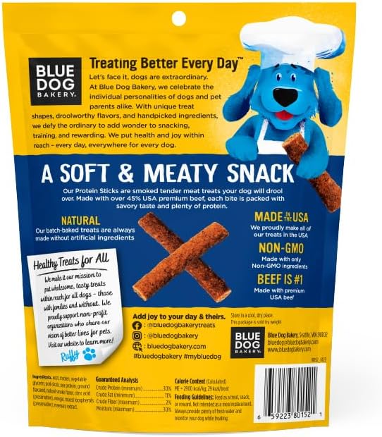 Blue Dog Bakery Protein Jerky Meat Sticks, Made w/USA Beef #1 Ingredient, Healthy Dog Treats, All Natural, 6 oz (Pack of 2)