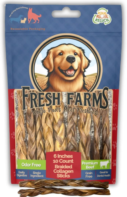 Braided Collagen Sticks for Dogs 10 Pack - 6 Inches - Long-Lasting Alternative to Bully Sticks, Rawhide-Free Collagen Chews w/Chondroitin & Glucosamine for Joint Support & Dental Health
