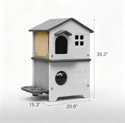Weatherproof Outdoor Cat House Insulated for Feral Multi Cat, 2 Storey Plastic Elevated Cat Shelter with Escape Door, Scratching Post, Stainless Steel Bowl, Grey 35" D x 15" W x 20" H