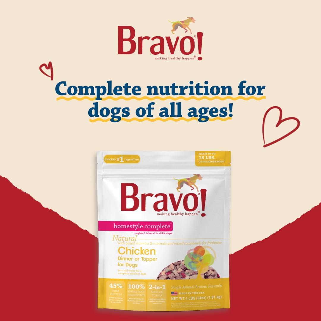 Bravo! Homestyle Complete Freeze Dried Raw Dog Food or Topper, Chicken, 2 Pounds, Add Water to Rehydrate for up to 9 Pounds of Food, Grain Free, Gluten Free
