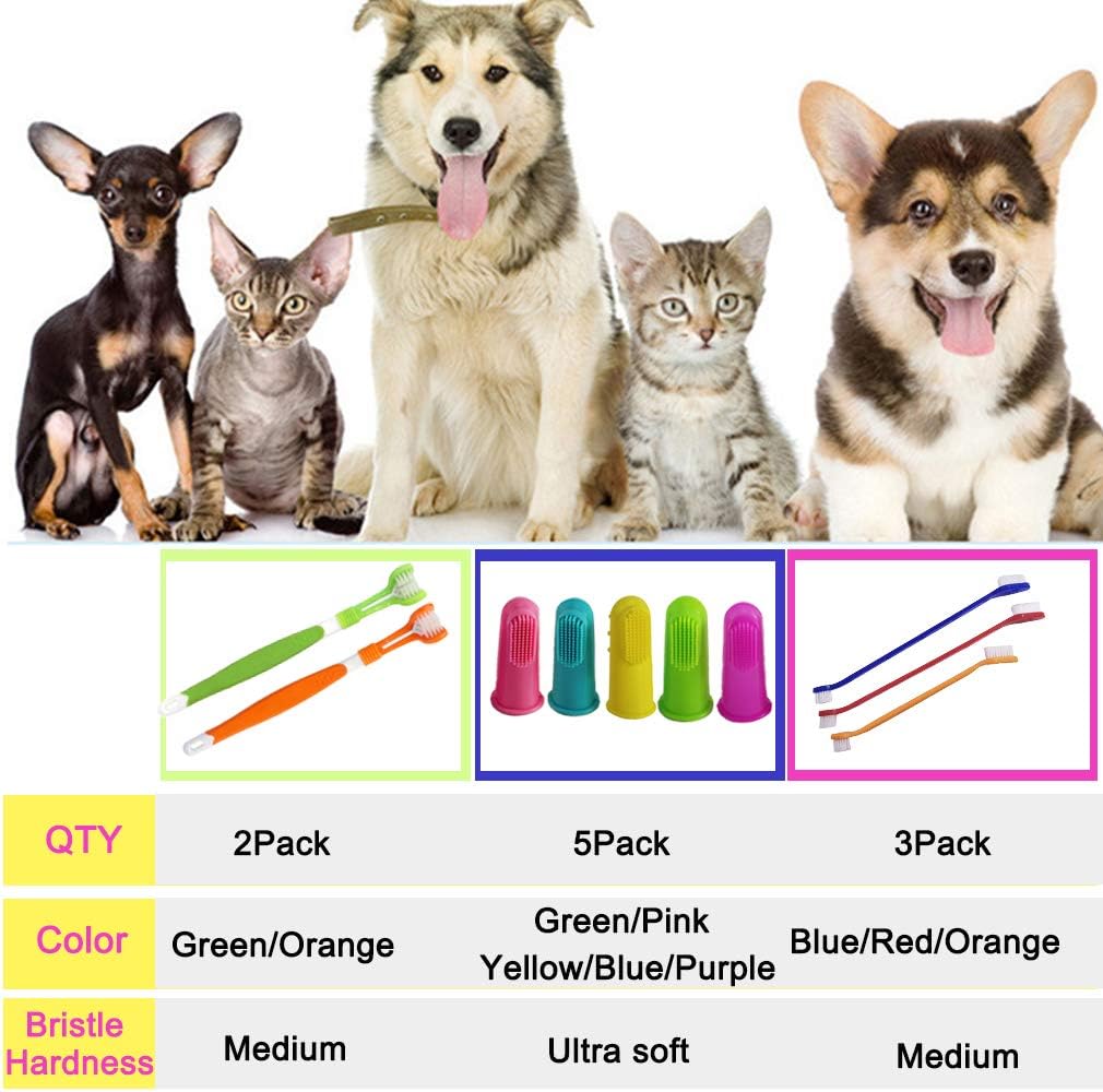 10 Pack Pet Dog Toothbrush, 2 Triple Head Pet Toothbrushes 3 Double Head Tooth Brush 5 Pack Finger Rubber Toothbrushes, Multi-Angle Dental Cleaning Brushes for Dog Cat Oral Dental Health