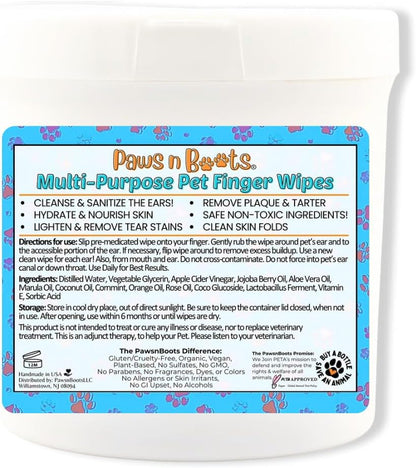 Pet Wipes - Multi-Purpose Finger Wipes to Cleanse Ears, Freshen Breath, Whiten Teeth, Soothe Skin and Tear Stain Removal. Pre-Formulated with 100% Natural, Plant-Based, Safe, & Beneficial Ingredients.