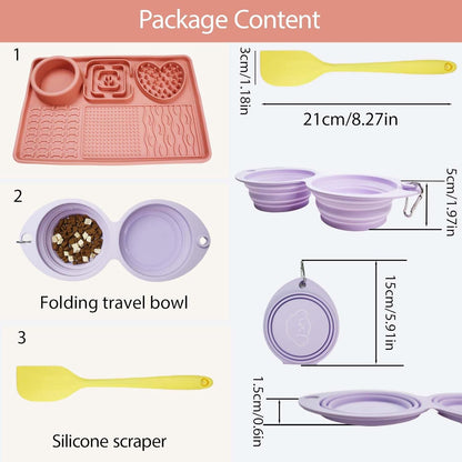 Licking Pad Mats 6 in 1 Reddish Orange for Butter Yogurt Peanut Frozen Food, Dog Slow Feeder Puzzle Bowl, Silicone Anti-Slip Pets Treats Feeding Mat, Collapsible Dog Water Bowl