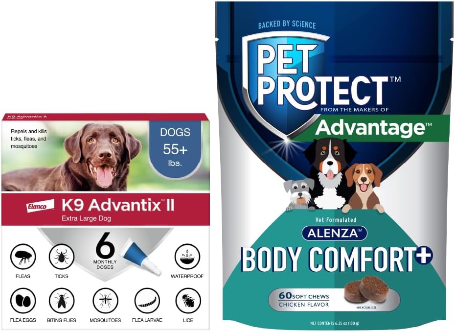 Bundle of K9 Advantix II XL Dogs Over 55 lbs. | 6-Mo Supply + Pet Protect Body Comfort+ Supplement for Dogs | 60 Chews