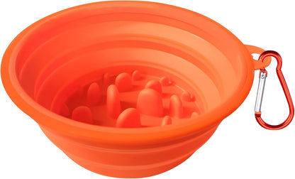 Large Collapsible Dog Bowls (34oz), 1 Pack Pet Travel Foldable Bowl and Slow Feeding Frisbee with Carabiners, Healthy, Soft Silicone, Portable Essential Set for Walking, Travel, and Hiking (Orange)