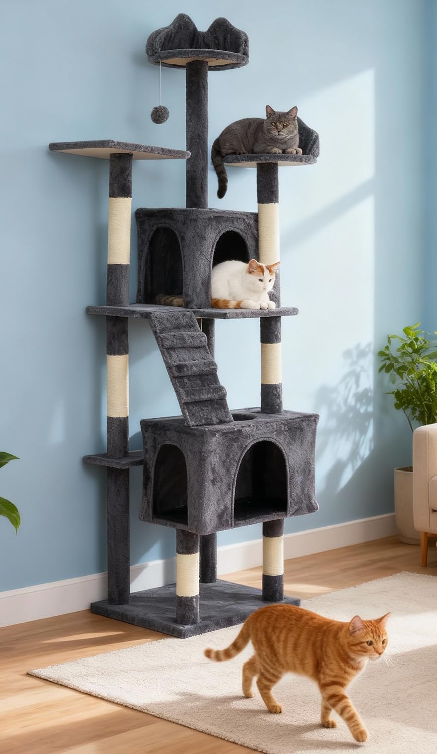 72" Cat Tree for Large Cats, Tall Cat Tower with 6 Scratching Posts, Large Top Perch, Balls & Sturdy Heavy Duty House for Adult Big Indoor Cats