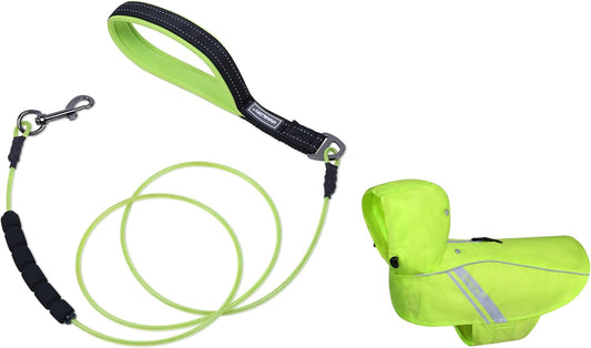 VIVAGLORY Chew Proof Dog Leash + Dog Raincoat, Rain Jacket with Harness Hole & Hood, Leash with Soft Padded Handle for Training