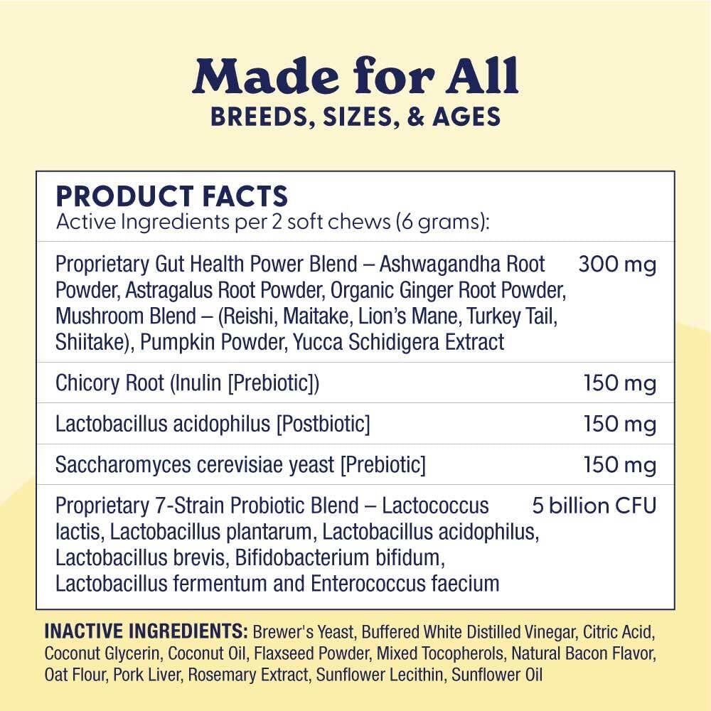 Origin Labs Belly Buddies - Probiotics for Dogs - Prebiotics & Probiotics - Supports Gut, Skin, and Immune Health - 5 Billion CFUs 7 Strain Probiotic Blend - Natural Bacon Flavor, 90 Soft Chews