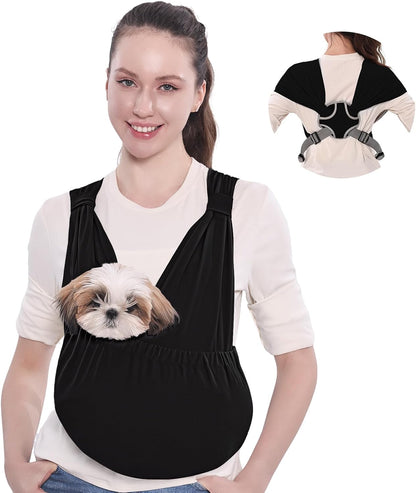Supet Dog Sling Carrier for Small Pets, Hands Free Cat Sling, Reducing Back Neck Pain Anti-Anxiety Puppy Front, Adjustable Soft Dog Carrying (Black, Plus)