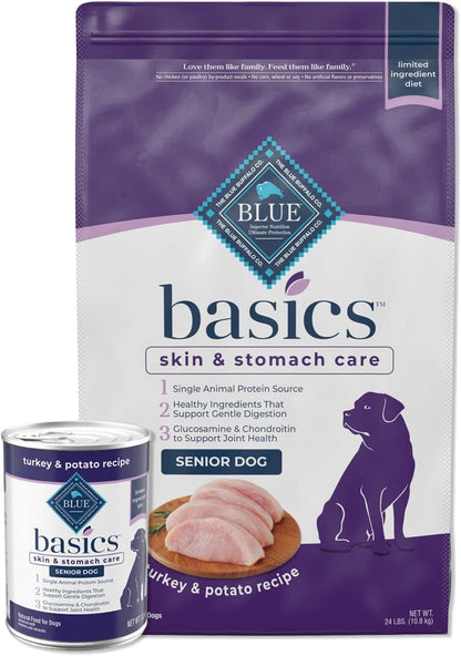 Blue Buffalo Basics Limited Ingredient Diet, Natural Senior Dog Food Bundle, Dry Dog Food and Wet Dog Food, Turkey (24-lb Dry Food + 12.5oz cans 12ct)