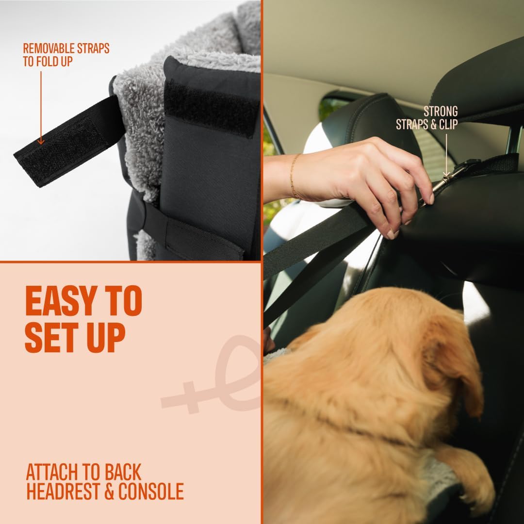 Center Console Dog Seat for Small Dogs & Cats | Pet Car Seat with Safety Strap & Cushion | Portable Middle Console Dog Bed | Secure Travel Booster Seat by Carver Park
