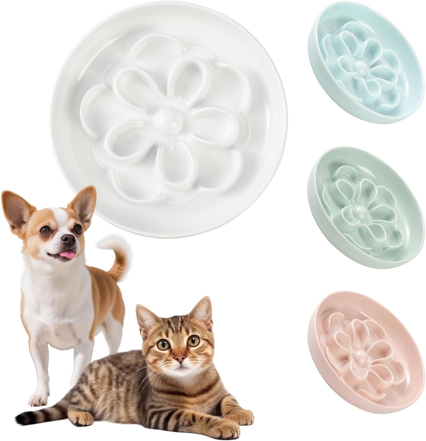 Melamine Cat Slow Feeder Bowl - Floral Maze Cat Food Dish - Flat Plate for Dry & Wet Food - Cute Kitten Bowl - Dishwasher Safe - 6.3'' W x 1'' H - 5.5 oz (160g) - White