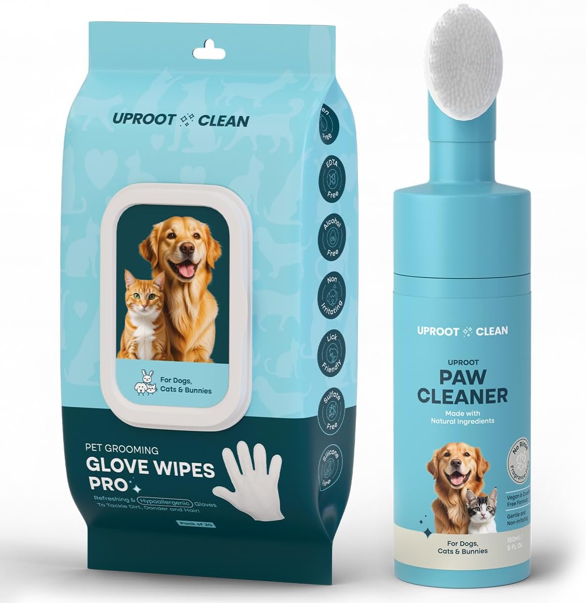 Uproot Clean Muddy Pet Bundle: QuickClean Gloves Pro Wipes for Paws and Butt (and Everything Else) Plus On-The-Go Dog Paw Cleaner Brush with Foam - The Mess-Free Way to Get Back Home After Adventures