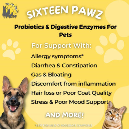 Dog & Cat Probiotics, Prebiotics, & Digestive Enzymes – Flavorless Powder for Gut Health, Allergies, Itchy Skin, Gas & Diarrhea – Organic, Vet-Approved – 65g Bottle (Up to 65 Servings)