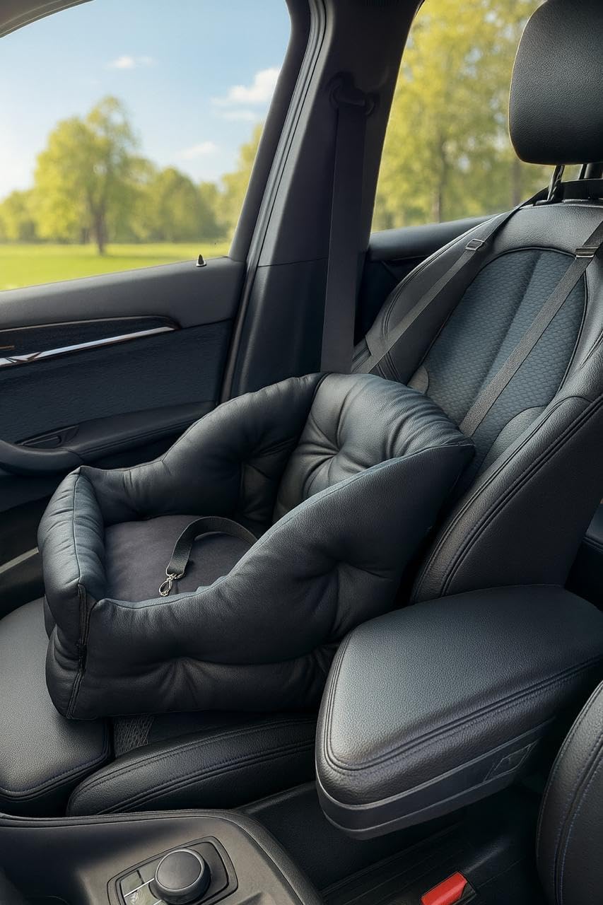 Dog Car Seat for Small Dogs, Travel Booster Bed with Safety Belt, Eco Leather Pet Seat, Black