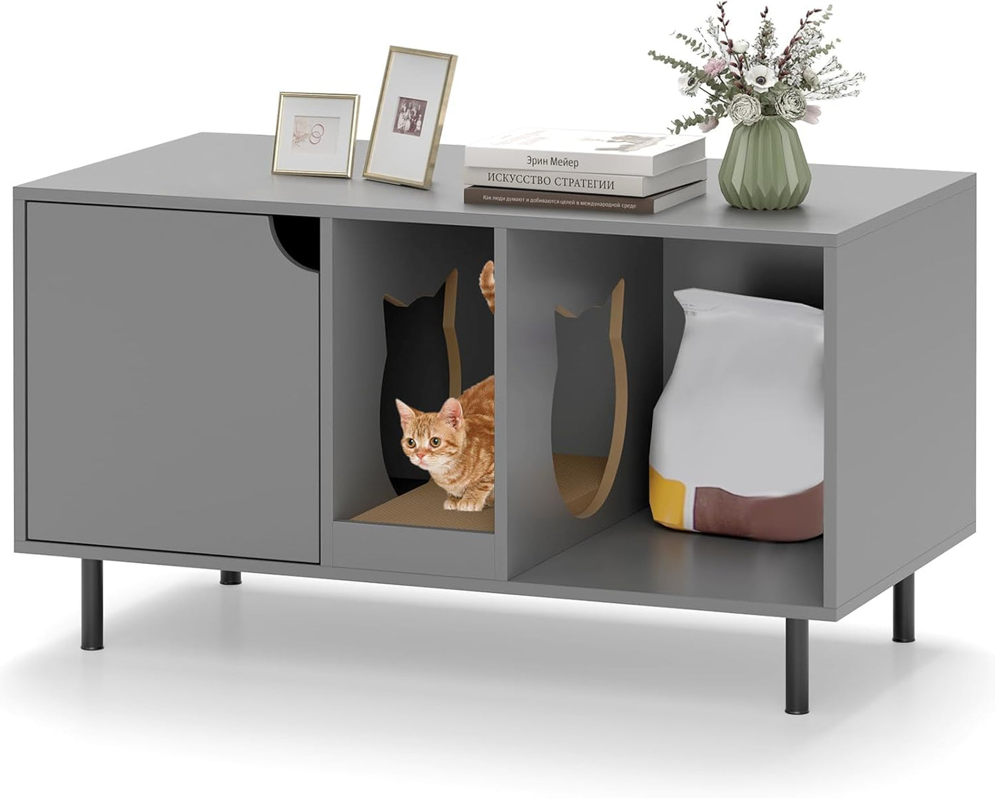 HOMGX Cat Litter Box Enclosure, 40” Hidden Cat Washroom Furniture w/Storage, Removable Scratching Board, Metal Legs, Double-Room Indoor Wooden Kitten House End Side Table, Modern Pet Cabinet (Grey)