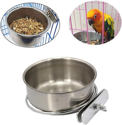 PINVNBY Parrot Feeding Cups Birds Food Dish Stainless Steel Parrot Feeders Water Cage Bowls with Clamp Holder for Cockatiel Conure Budgies Parakeet Parrot Macaw Small Animal Chinchilla Pack of 2