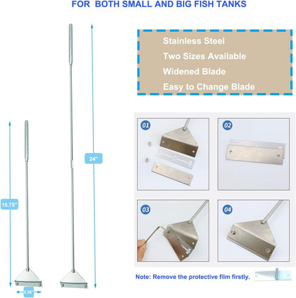 25.2 Inch Aquarium Algae Scraper/Remover for Glass Fish Tanks, Stainless Steel Cleaner Tool Kit/Cleaning Accessories with 10 Replaceable Blades + Coral Feeder + Double-Sided Sponge Brush
