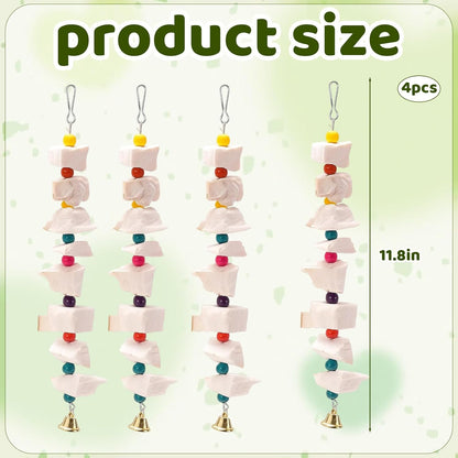 4PCS Cuttlebone for Birds, Bird Toys for Cockatiels and Parakeets, Natural Cuddle Bones for Birds, Parrot Toy with 9 Beads, Durable Bird Accessories,Parakeet Toys,Cockatiel Toys