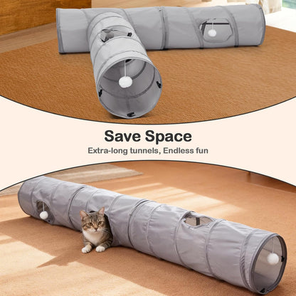 Cat Tunnel 3 Straight Shaped Pet Tunnels, Tube Cat Toys 6 DIY Shapes with Wand Toys, Scratch Resistant Collapsible Cats Tubes for Indoor Puppy, Kitten, Rabbit Silver 82in