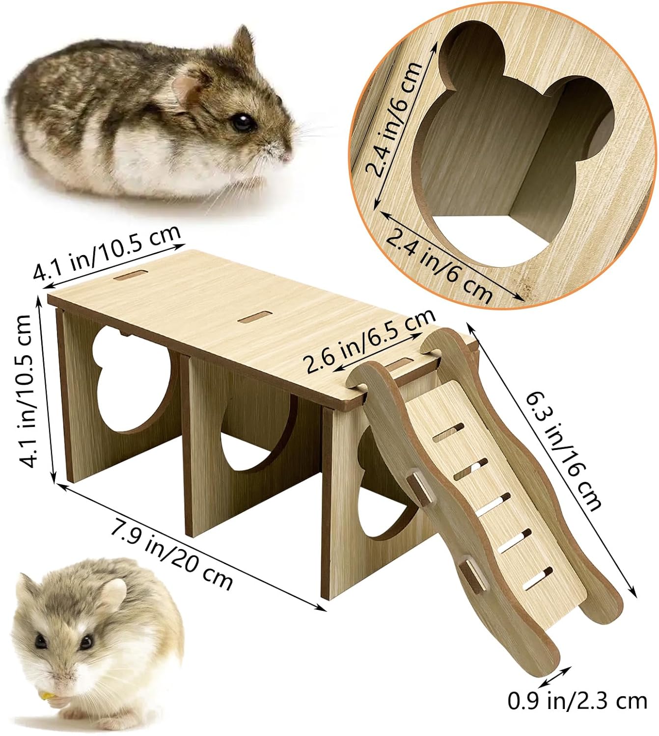 2 Pcs Hamster Food Bowl (2.7" D*1.3" H) &Wooden Small Animal Hideout (8" L*4" W*4" H)