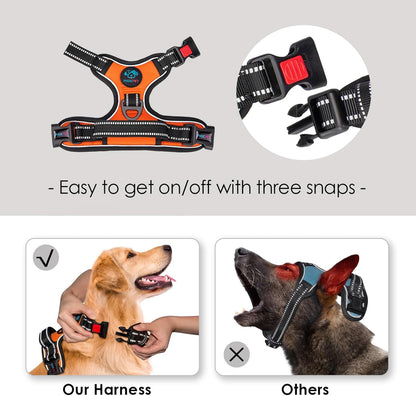 PHOEPET Reflective Dog Harness Large Breed Adjustable No Pull Vest with with Handle 2 Metal Rings 3 Buckles [Easy to Put on & Take Off](L, Orange)