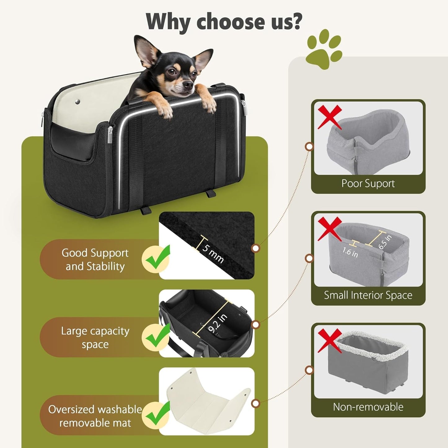 YUDODO Large Dog Car Seat for Center Console (Width＞9in) Fits 0-18lbs, Anti-Slip Puppy Cat Travel Portable Booster Seat, Portable Pet Car Bed Carseat Dual Front & Rear Pillow Black