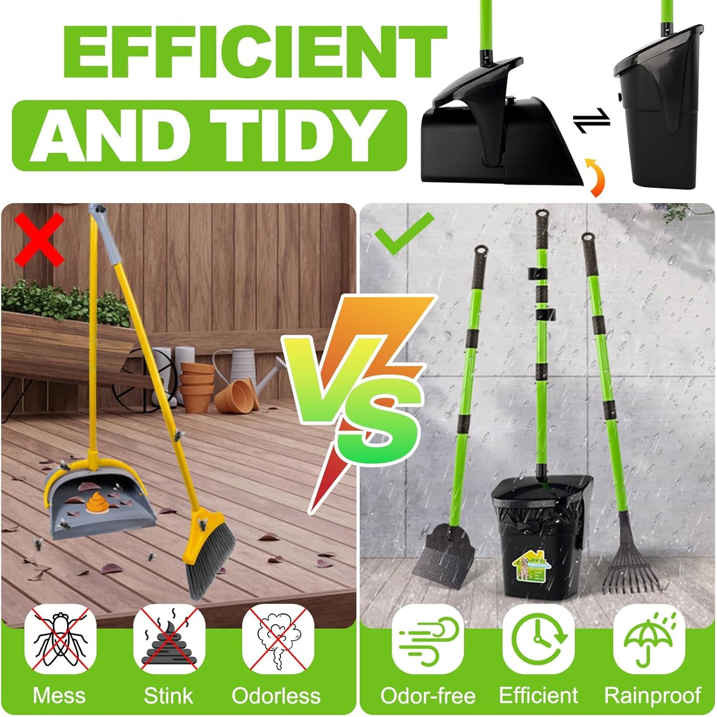 LANNEY Pooper Scooper - 38" Long Adjustable Metal Handle Dog Pooper Scooper Swivel Bin & Rake & Spade with 50 Bags Attachment, Portable Heavy Duty Dog Poop Scooper for Yard Dogs Large Medium Small