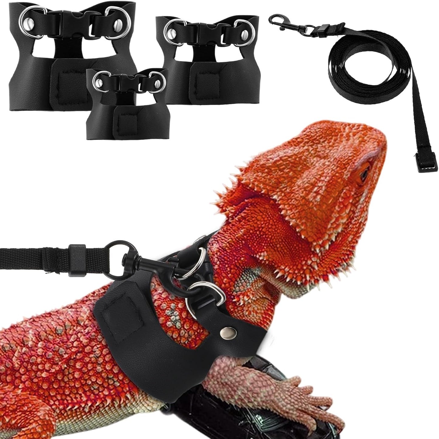 Bearded Dragon Harness Leash 3 Size Adjustable Soft Reptile Leash Retractable Bearded Dragon Vest Training Walking Lizard Traction Rope for Outdoor Small Animal Rabbit Squirrel (Black)