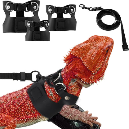 Bearded Dragon Harness Leash 3 Size Adjustable Soft Reptile Leash Retractable Bearded Dragon Vest Training Walking Lizard Traction Rope for Outdoor Small Animal Rabbit Squirrel (Black)