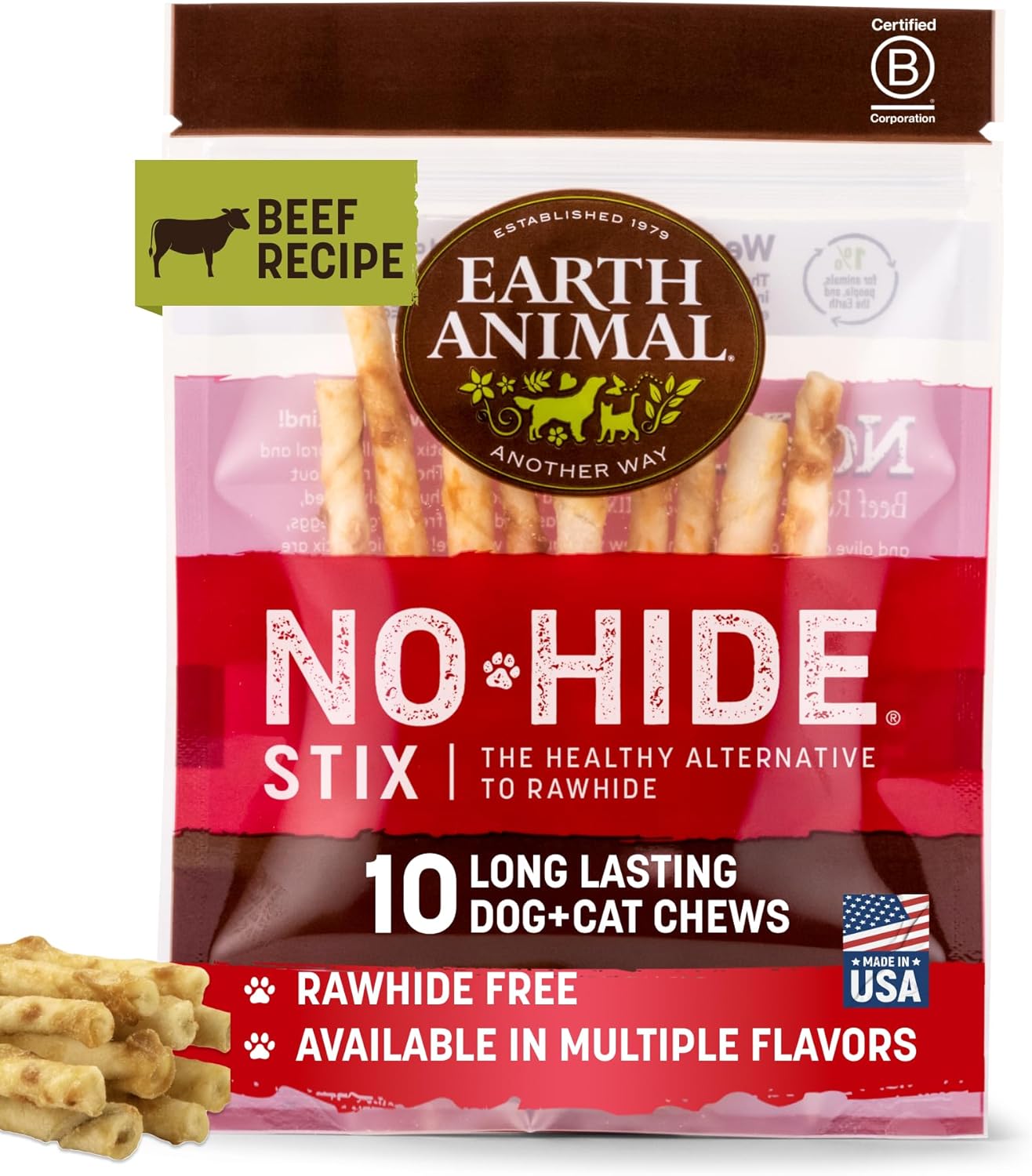 Earth Animal No Hide Stix - Long Lasting Rawhide Free Small Dog Chews Sticks, Beef - 10 Count