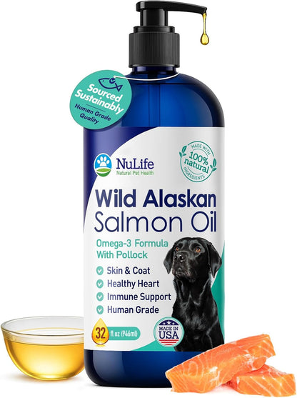 Pure Wild Alaskan Salmon Oil for Dogs, Omega 3 Formula, Dog Fish Oil Liquid, Skin and Coat Supplement for Shedding, Dry Itchy Skin and Allergies, EPA + DHA Fatty Acids, 32 oz Pump Bottle