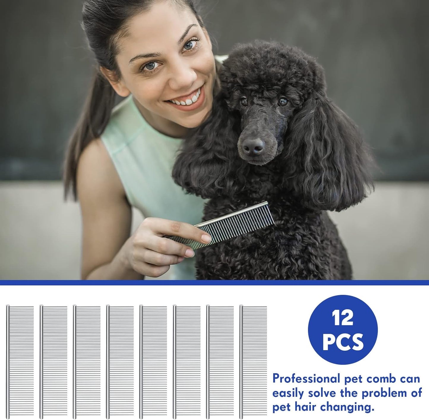 Lallisa 12 Pcs Stainless Steel Dog & Cat Comb, Metal Grooming Tool for Removing Knots, Long and Short Haired Pets Including Dogs, Cats & Others, 7.48 Inch