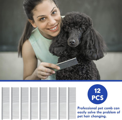 Lallisa 12 Pcs Stainless Steel Dog & Cat Comb, Metal Grooming Tool for Removing Knots, Long and Short Haired Pets Including Dogs, Cats & Others, 7.48 Inch