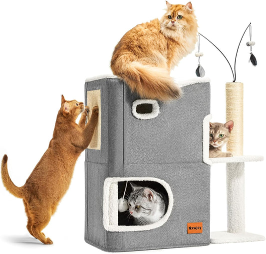 Cat House for Indoor Cats Adults with Scratching Post Fluffy Ball Hideaway Kitten Toys Large Condo Cave Bed for Multi-Pets Grey